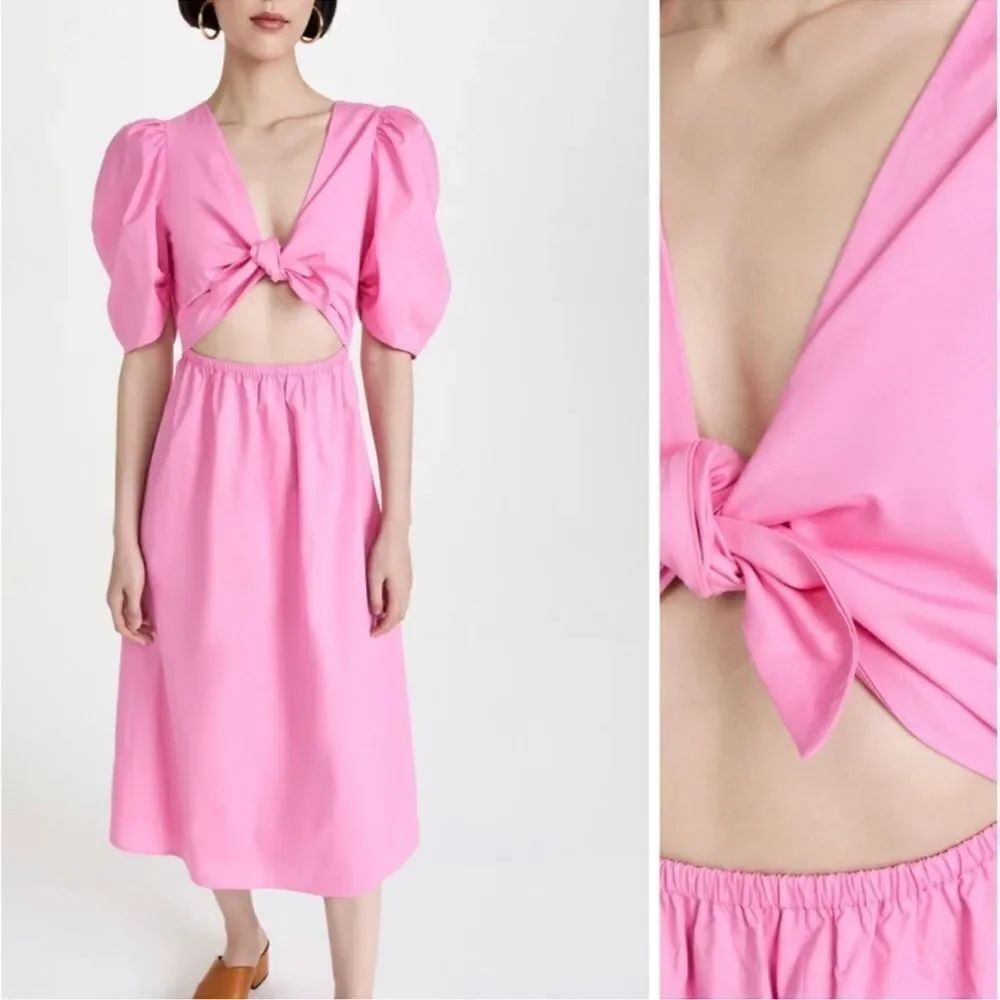 WAYF Peggy Cutout Short Puff Sleeve Midi Dress V-Neck A-Line Pink Women’s XL